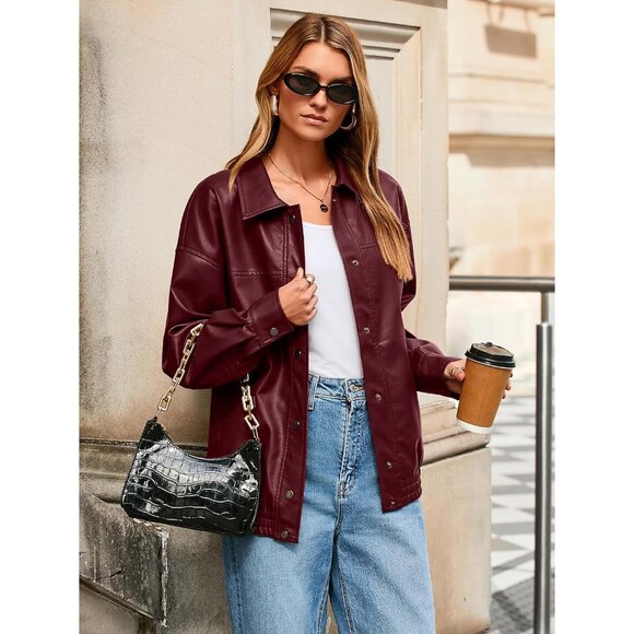 Womens Oversized Faux Leather Jacket Button Down Moto Bomber Winter Coat - Picture 5 of 6